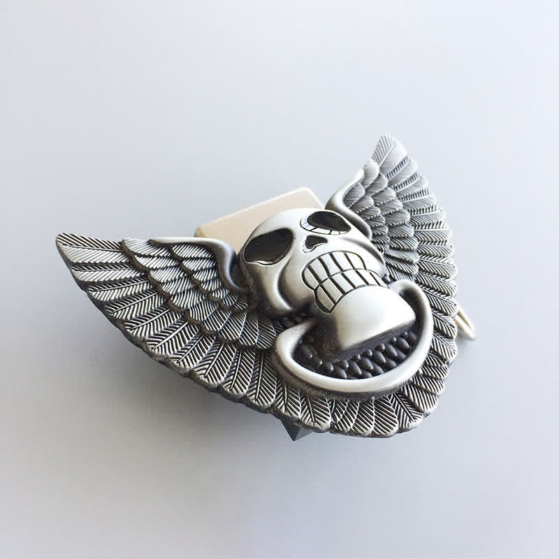 Cinturón de cuero con alas de ángel y calavera para hombre, con encendedor oculto, hecho a mano