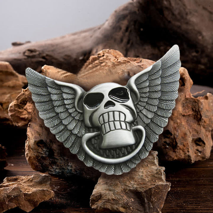 Cinturón de cuero con alas de ángel y calavera para hombre, con encendedor oculto, hecho a mano