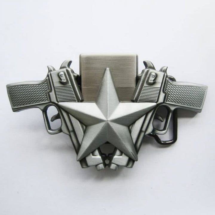 Cinturón de cuero con dos pistolas y estrella para hombre, con encendedor oculto, hecho a mano