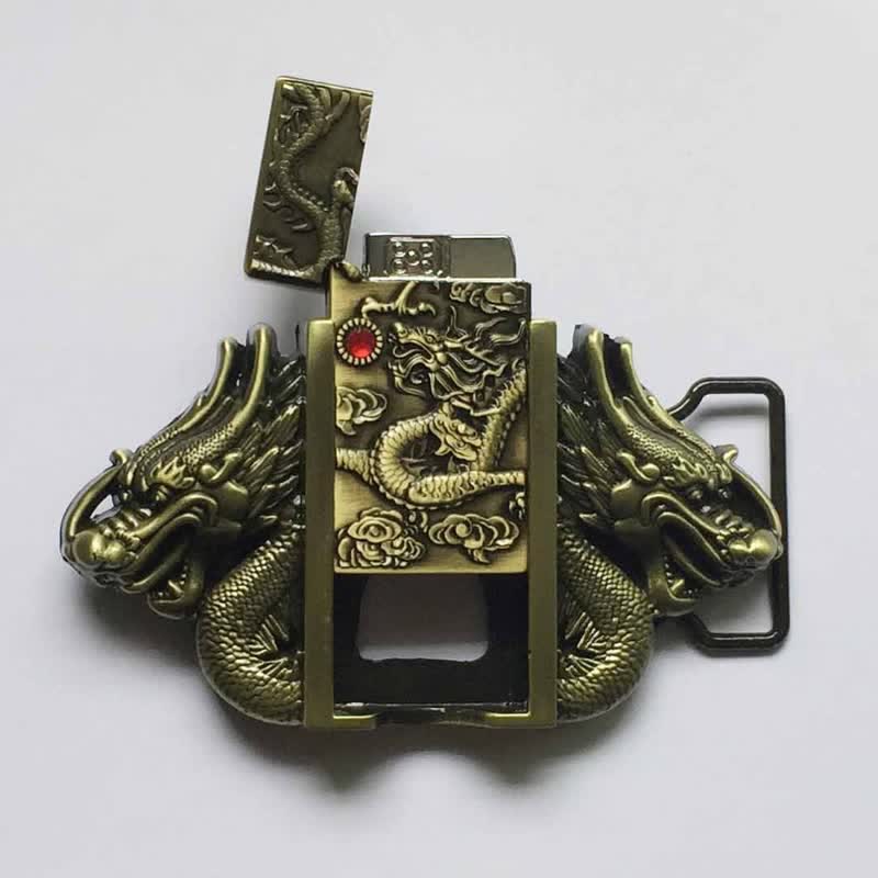 Cinturón de cuero con doble dragón de bronce para hombre, hecho a mano, con encendedor oculto