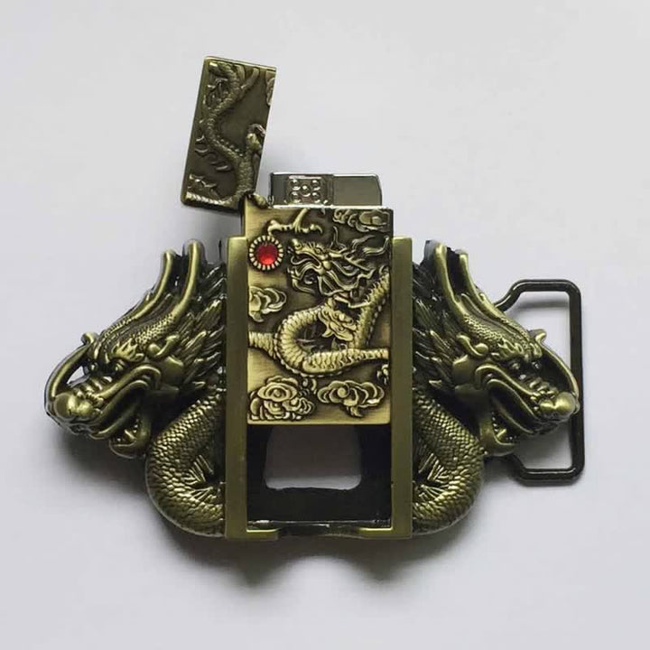 Cinturón de cuero con doble dragón de bronce para hombre, hecho a mano, con encendedor oculto