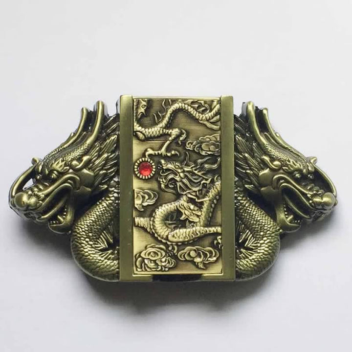 Cinturón de cuero con doble dragón de bronce para hombre, hecho a mano, con encendedor oculto