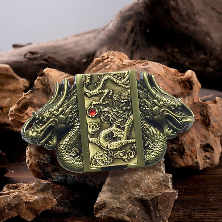 Cinturón de cuero con doble dragón de bronce para hombre, hecho a mano, con encendedor oculto