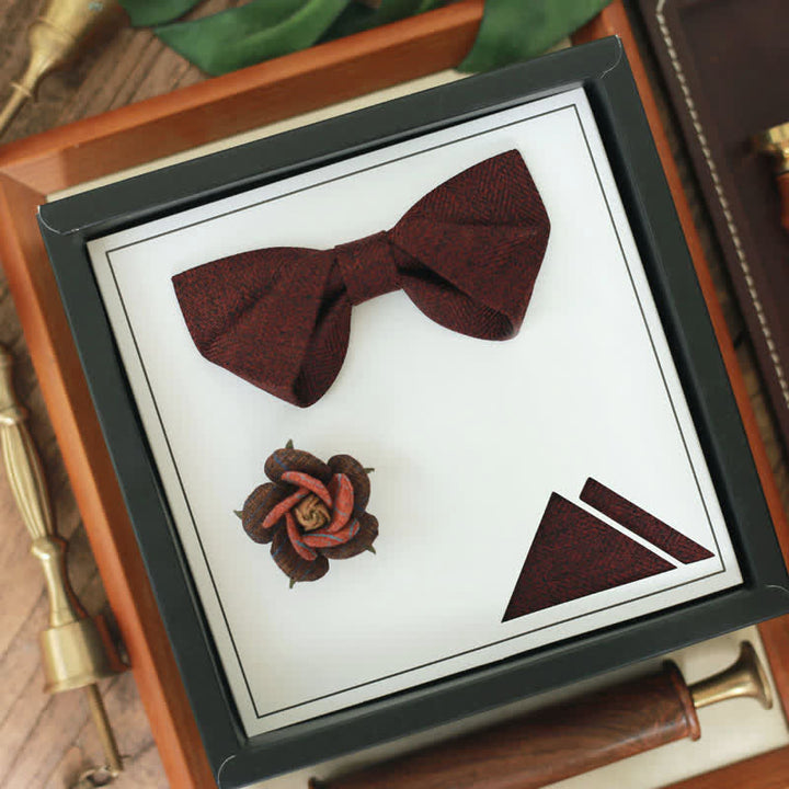 Pajarita con broche floral en espiga estilo británico de color rojo vino oscuro para hombre