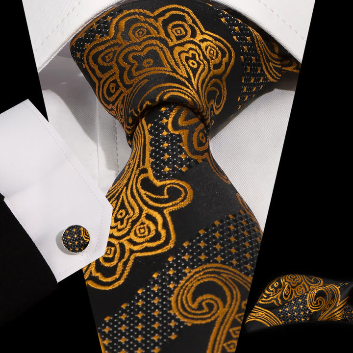 Conjunto de 3 corbatas para hombre con exquisito bordado de cachemira en dorado y negro