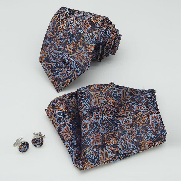Hermoso conjunto de 3 corbatas con estampado de cachemira azul y naranja para hombre