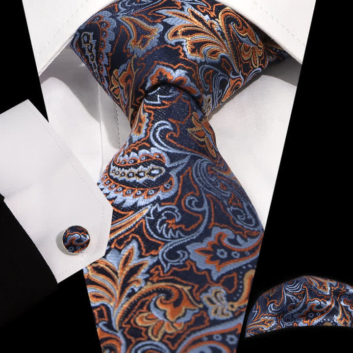Hermoso conjunto de 3 corbatas con estampado de cachemira azul y naranja para hombre