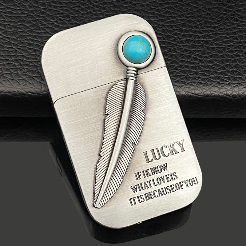 Encendedor de butano recargable con efecto turquesa y diseño de plumas