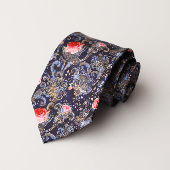 Corbata de hombre con estampado floral fantasía en azul marino y rojo