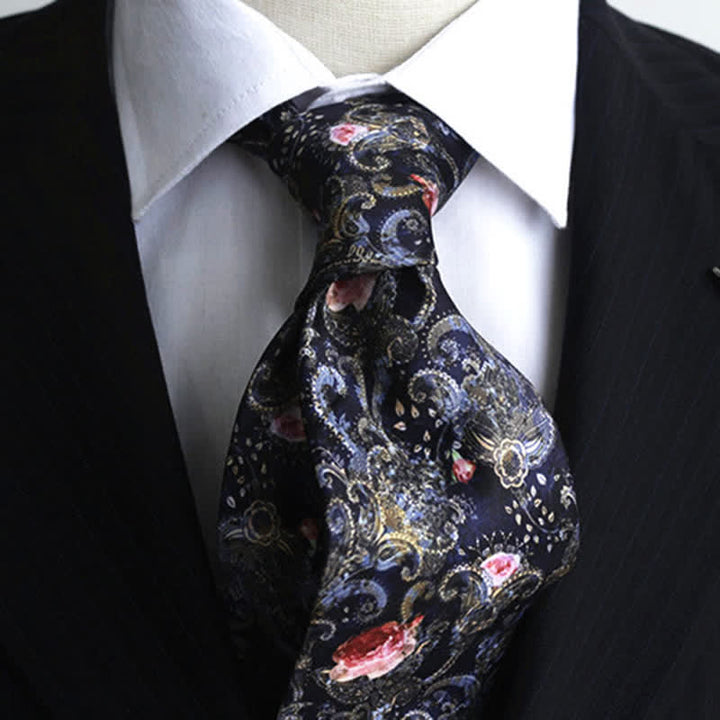 Corbata de hombre con estampado floral fantasía en azul marino y rojo