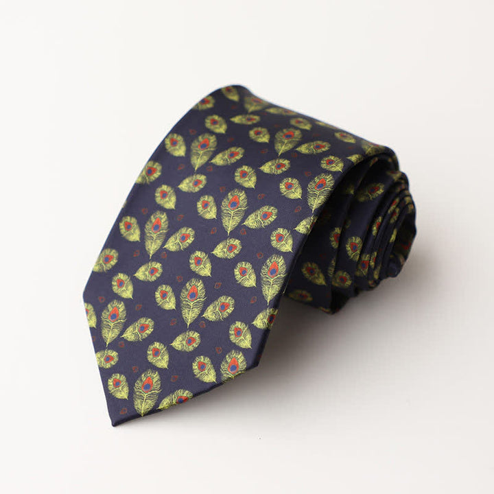 Corbata de traje con plumas de pavo real en azul marino y verde para hombre