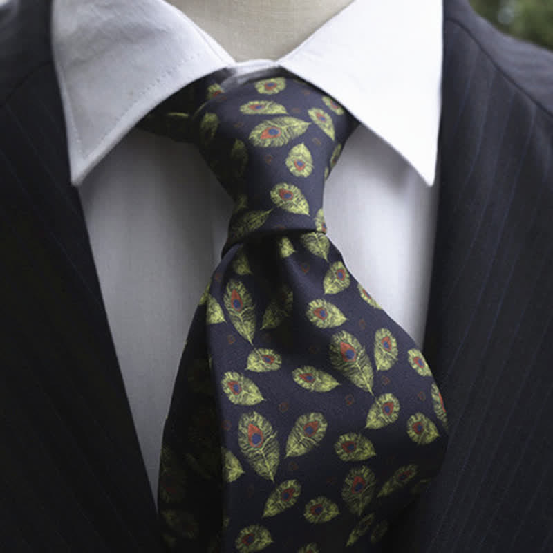 Corbata de traje con plumas de pavo real en azul marino y verde para hombre