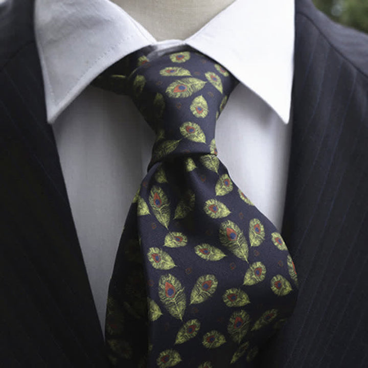 Corbata de traje con plumas de pavo real en azul marino y verde para hombre