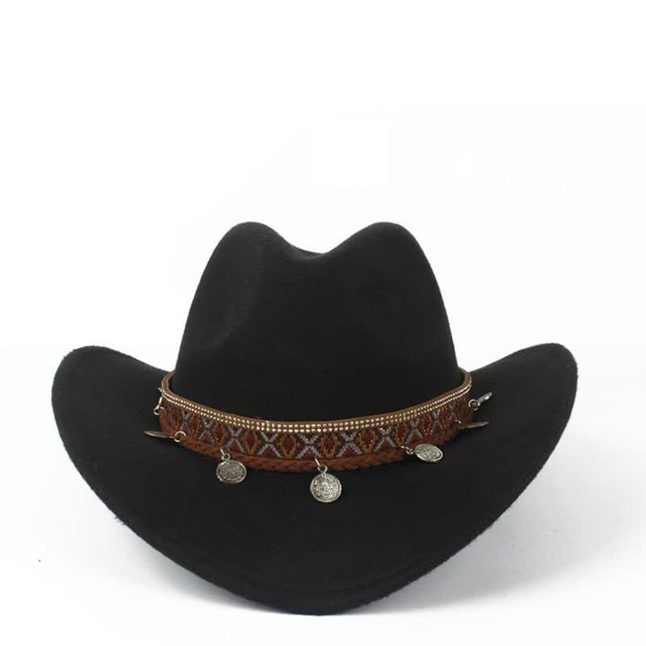 Sombrero de vaquero retro con banda de cuerda trenzada y ala ancha