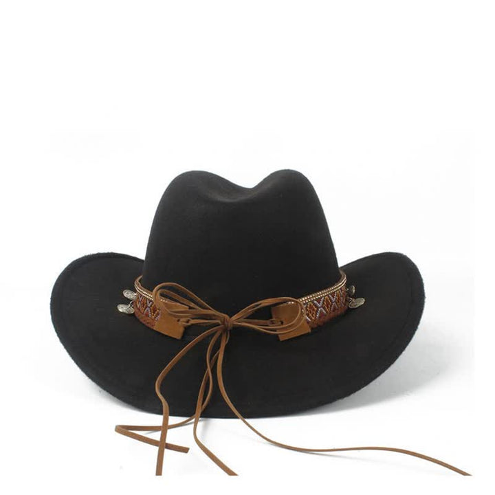 Sombrero de vaquero retro con banda de cuerda trenzada y ala ancha