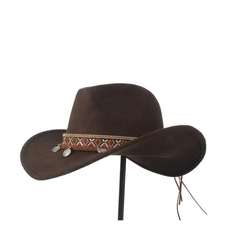 Sombrero de vaquero retro con banda de cuerda trenzada y ala ancha