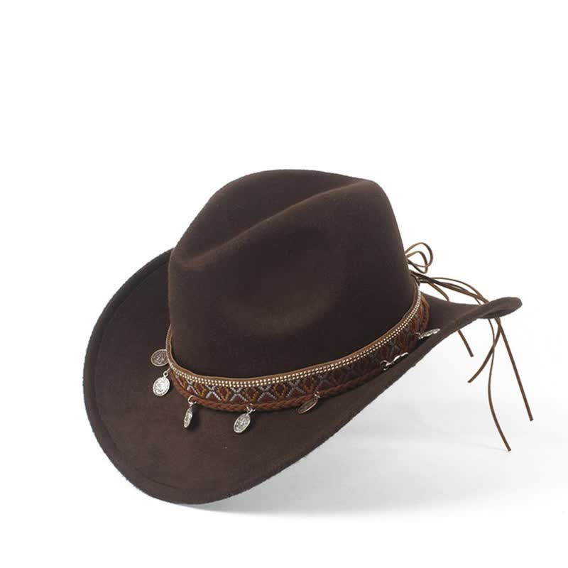 Sombrero de vaquero retro con banda de cuerda trenzada y ala ancha