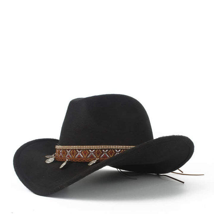 Sombrero de vaquero retro con banda de cuerda trenzada y ala ancha