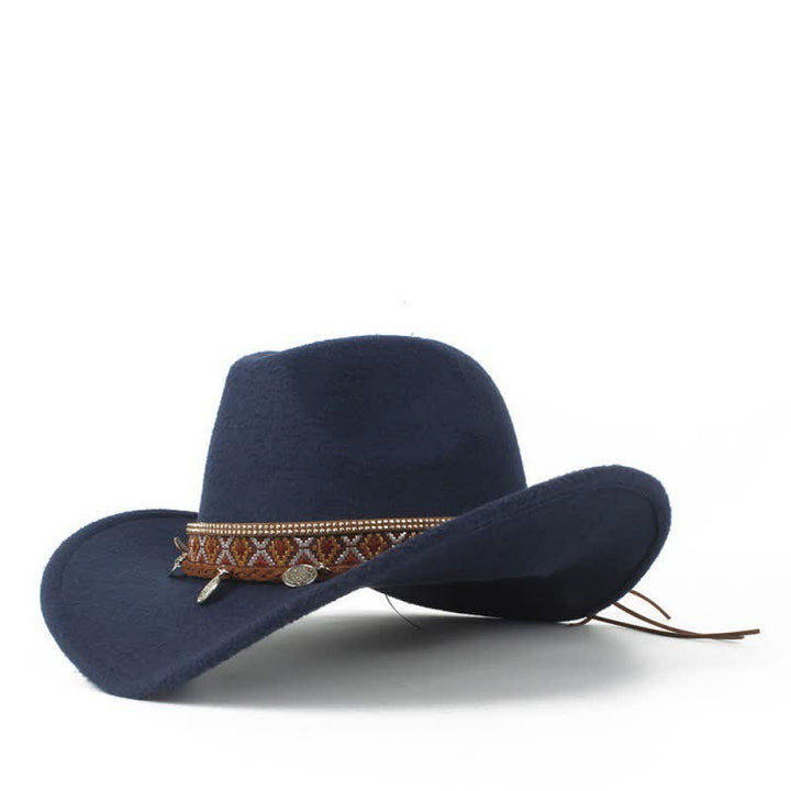 Sombrero de vaquero retro con banda de cuerda trenzada y ala ancha