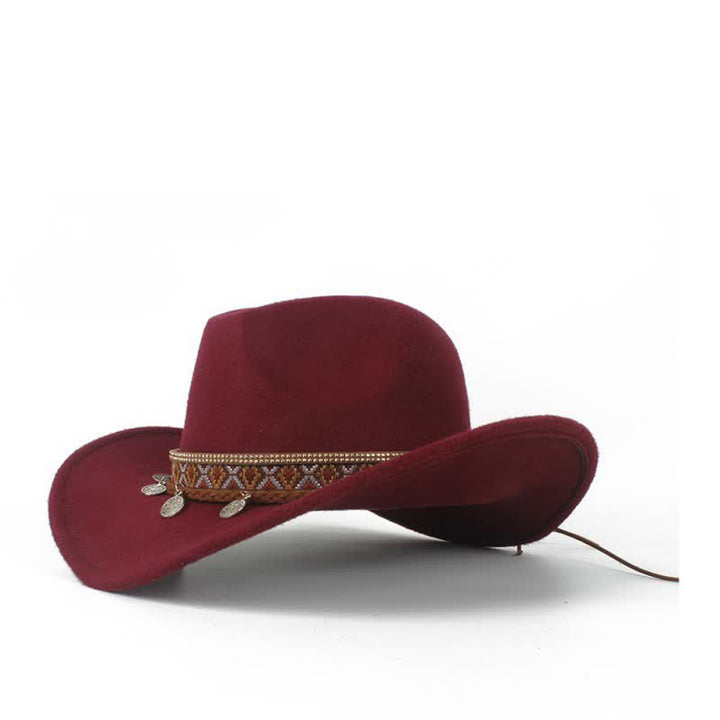 Sombrero de vaquero retro con banda de cuerda trenzada y ala ancha