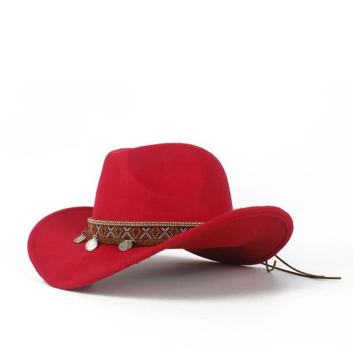 Sombrero de vaquero retro con banda de cuerda trenzada y ala ancha