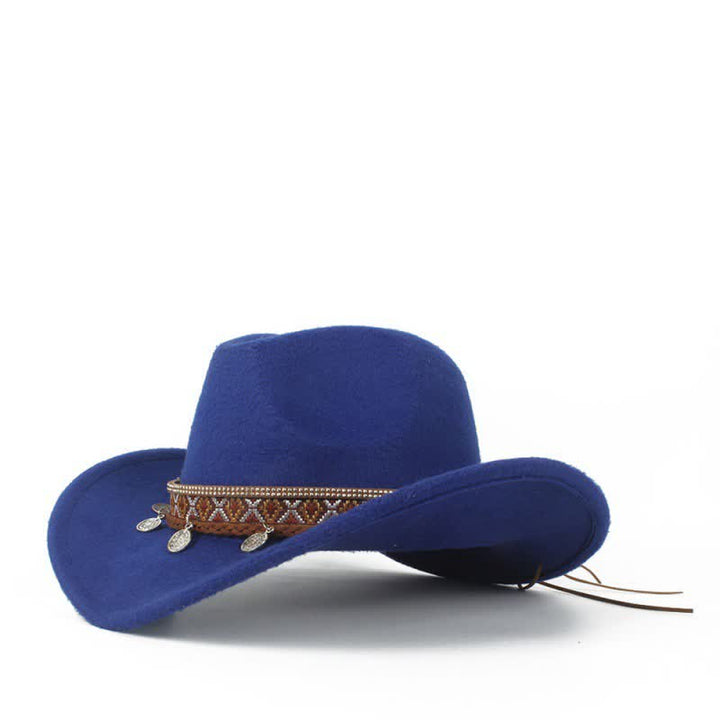 Sombrero de vaquero retro con banda de cuerda trenzada y ala ancha