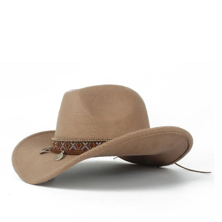 Sombrero de vaquero retro con banda de cuerda trenzada y ala ancha