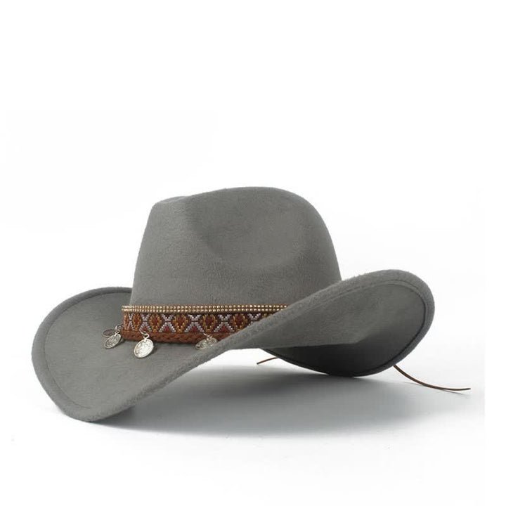 Sombrero de vaquero retro con banda de cuerda trenzada y ala ancha