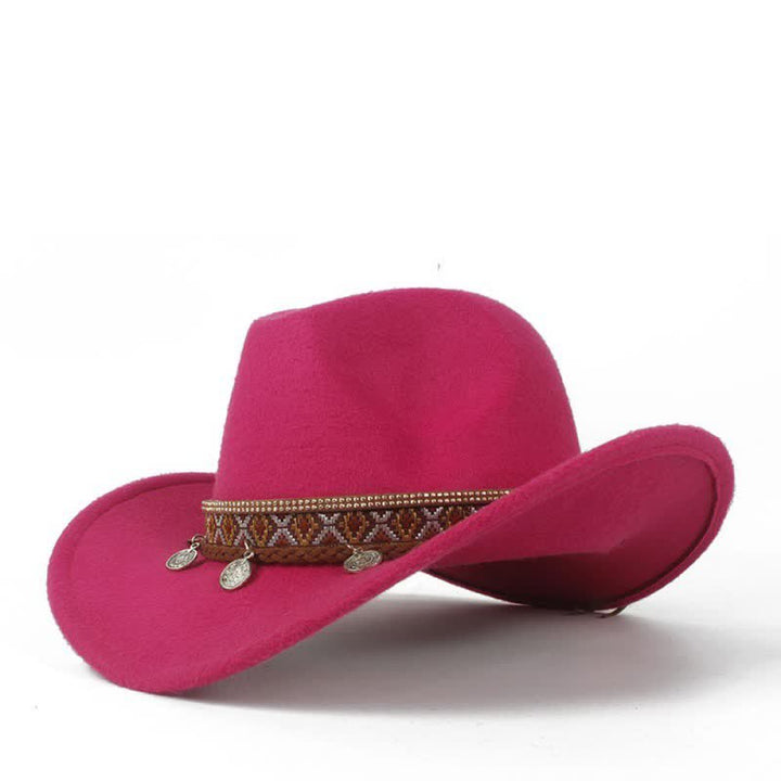 Sombrero de vaquero retro con banda de cuerda trenzada y ala ancha