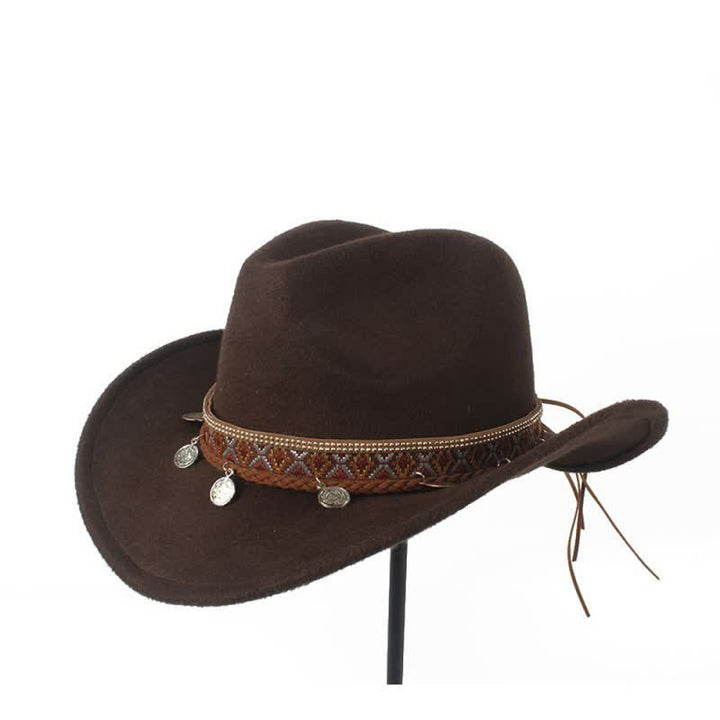 Sombrero de vaquero retro con banda de cuerda trenzada y ala ancha