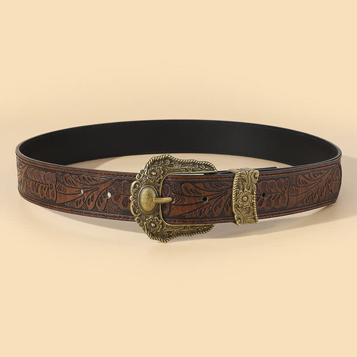 Cinturón de cuero con hebilla tallada en bronce y estampado floral bohemio
