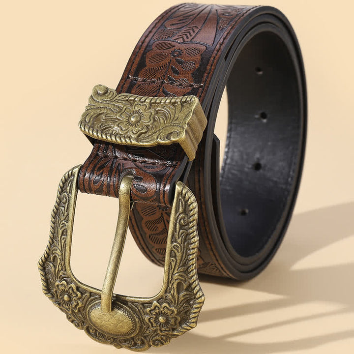 Cinturón de cuero con hebilla tallada en bronce y estampado floral bohemio