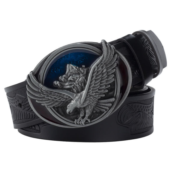 Cinturón de cuero con diseño tallado y hebilla de águila voladora novedoso para hombre