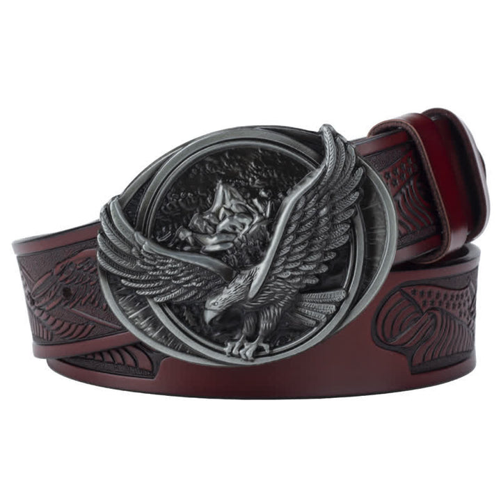 Cinturón de cuero con diseño tallado y hebilla de águila voladora novedoso para hombre
