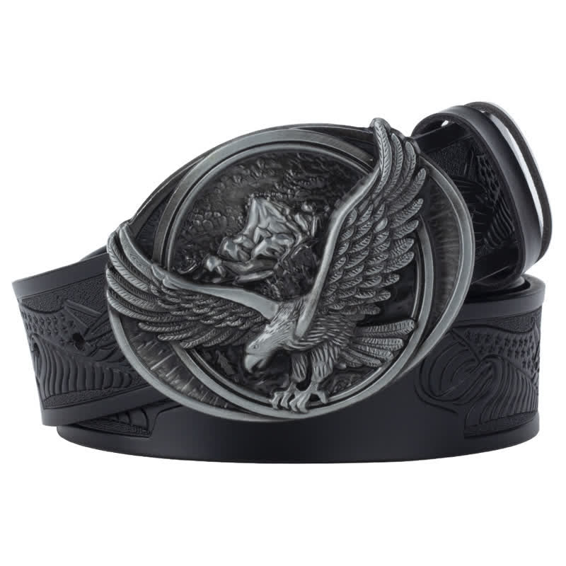Cinturón de cuero con diseño tallado y hebilla de águila voladora novedoso para hombre