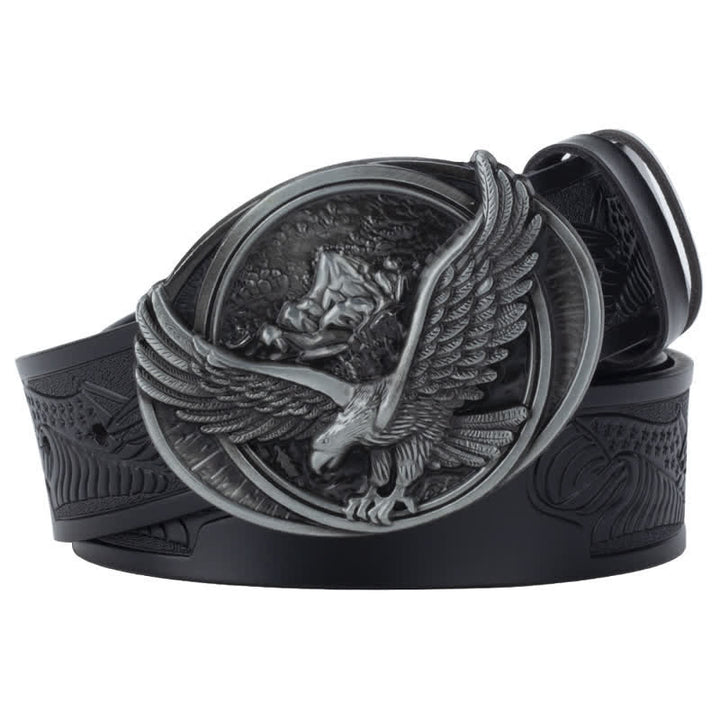 Cinturón de cuero con diseño tallado y hebilla de águila voladora novedoso para hombre