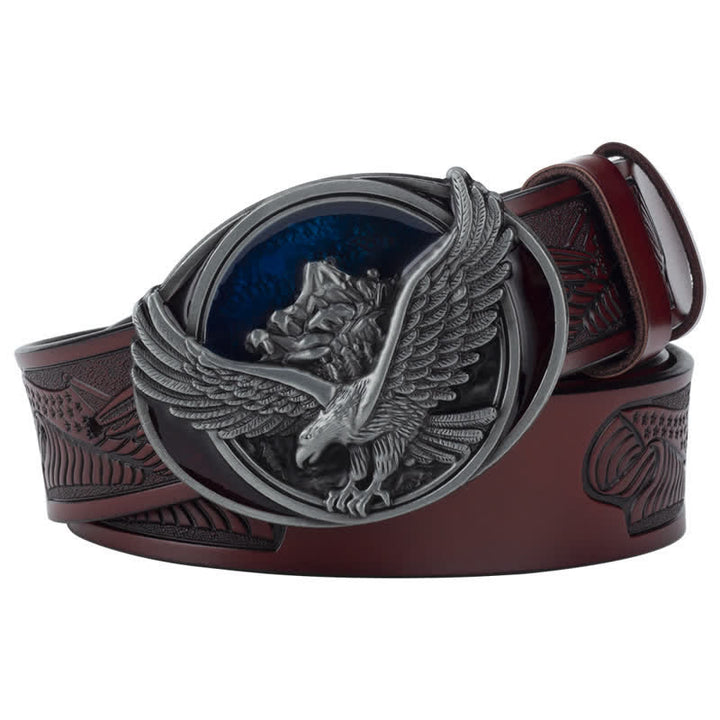 Cinturón de cuero con diseño tallado y hebilla de águila voladora novedoso para hombre