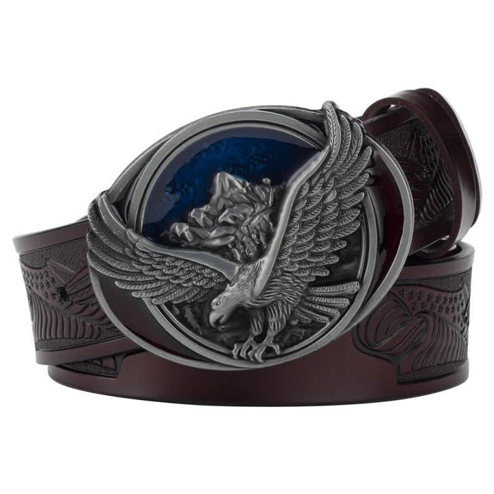 Cinturón de cuero con diseño tallado y hebilla de águila voladora novedoso para hombre
