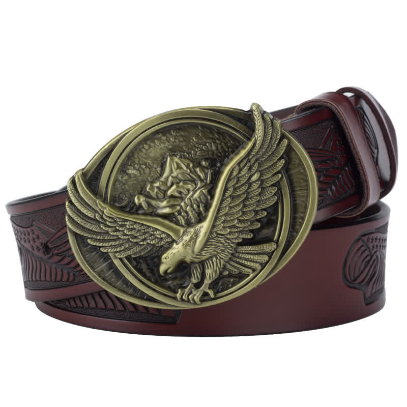 Cinturón de cuero con diseño tallado y hebilla de águila voladora novedoso para hombre
