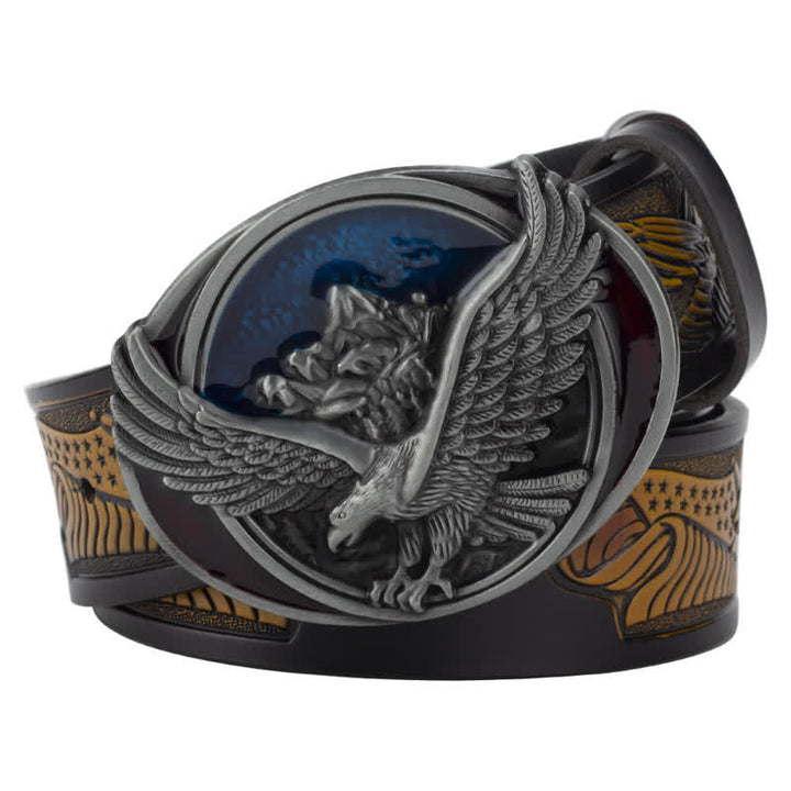 Cinturón de cuero con diseño tallado y hebilla de águila voladora novedoso para hombre