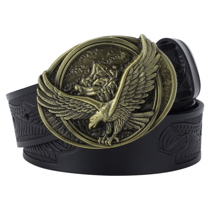 Cinturón de cuero con diseño tallado y hebilla de águila voladora novedoso para hombre