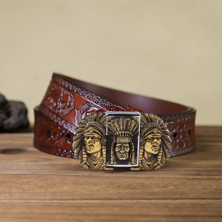 Cinturón de cuero con cabeza de jefe indio para hombre, con encendedor oculto, hecho a mano