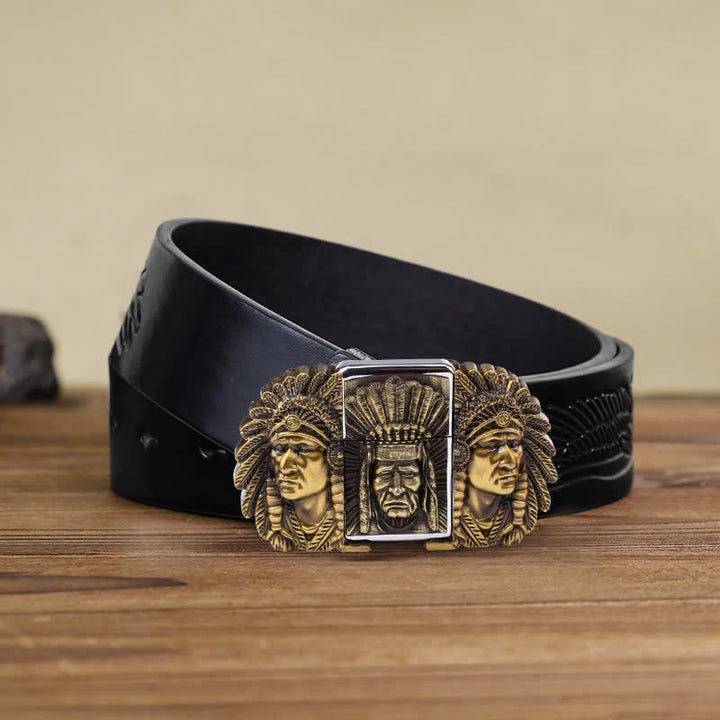 Cinturón de cuero con cabeza de jefe indio para hombre, con encendedor oculto, hecho a mano