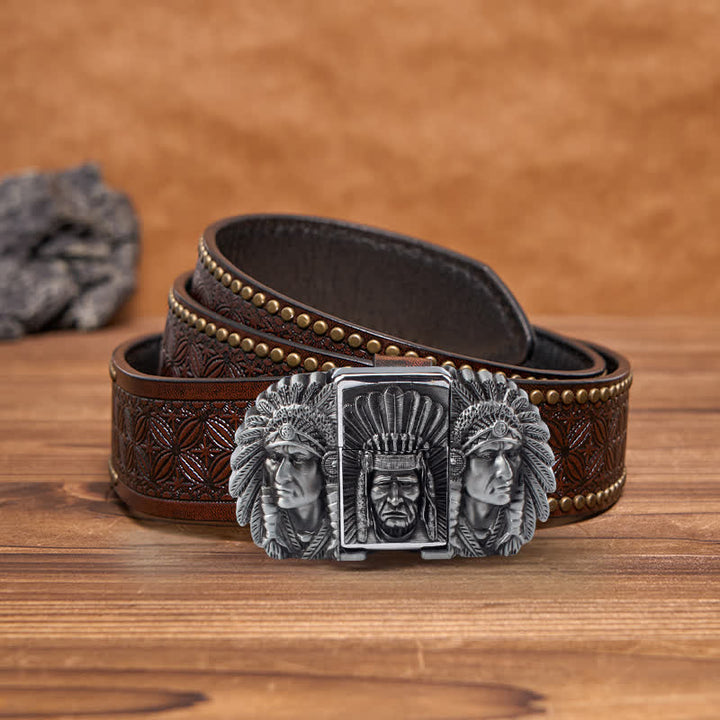Cinturón de cuero con cabeza de jefe indio para hombre, con encendedor oculto, hecho a mano