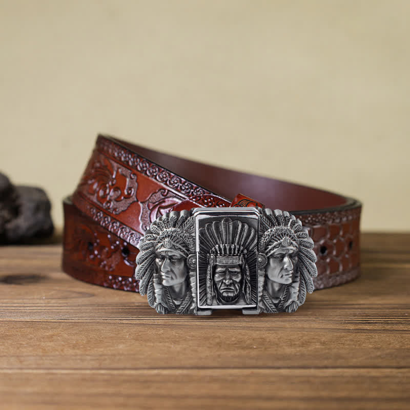 Cinturón de cuero con cabeza de jefe indio para hombre, con encendedor oculto, hecho a mano