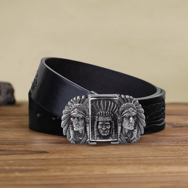 Cinturón de cuero con cabeza de jefe indio para hombre, con encendedor oculto, hecho a mano