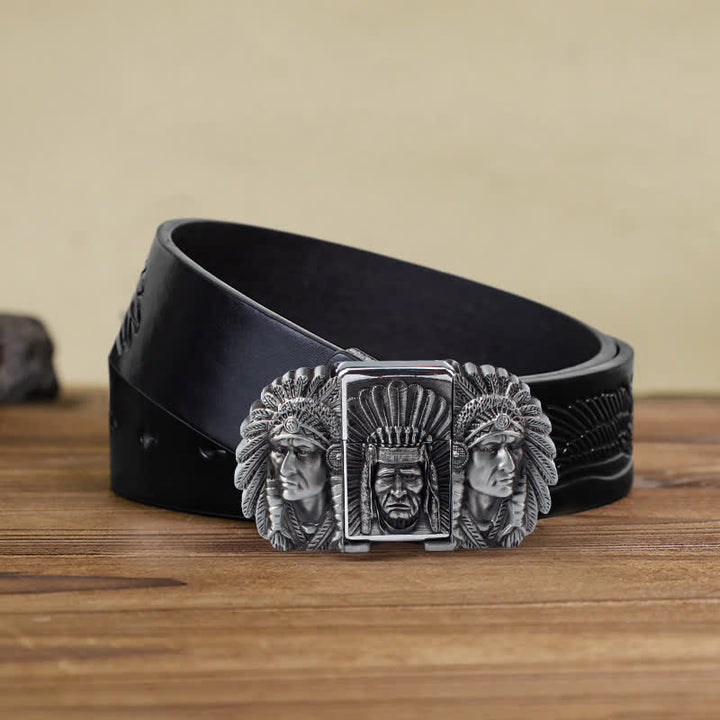 Cinturón de cuero con cabeza de jefe indio para hombre, con encendedor oculto, hecho a mano