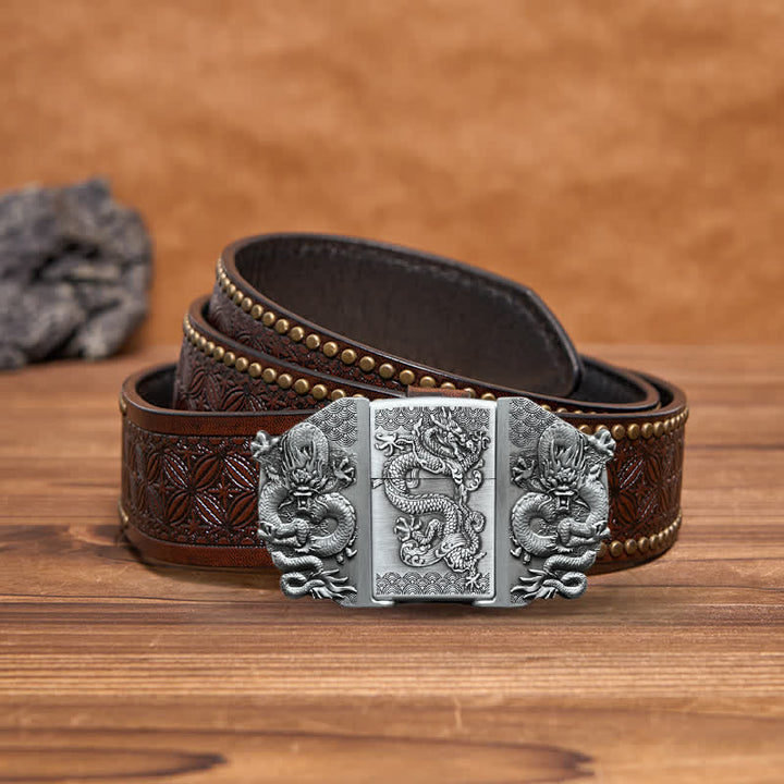 Cinturón de cuero con triple dragón para hombre, hecho a mano, con encendedor oculto