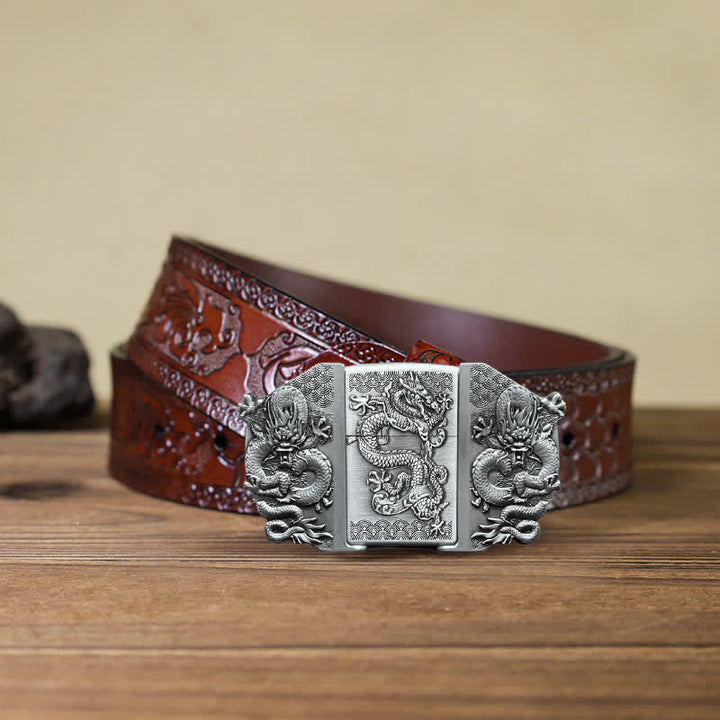 Cinturón de cuero con triple dragón para hombre, hecho a mano, con encendedor oculto