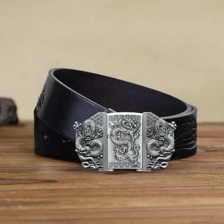 Cinturón de cuero con triple dragón para hombre, hecho a mano, con encendedor oculto